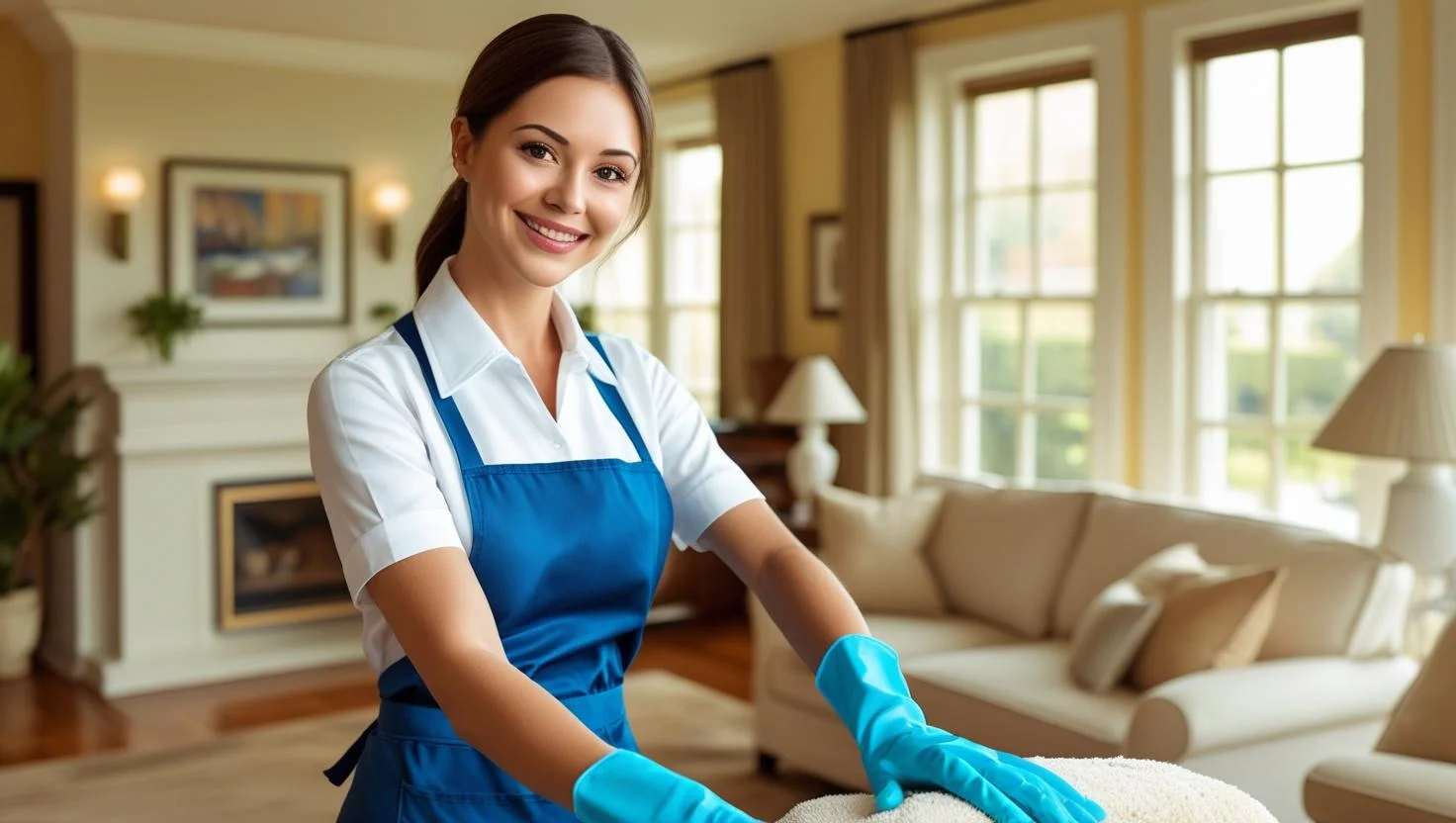 A professional housekeeper engaging with an elderly resident in a care facility, showing compassion and professionalism in their role.