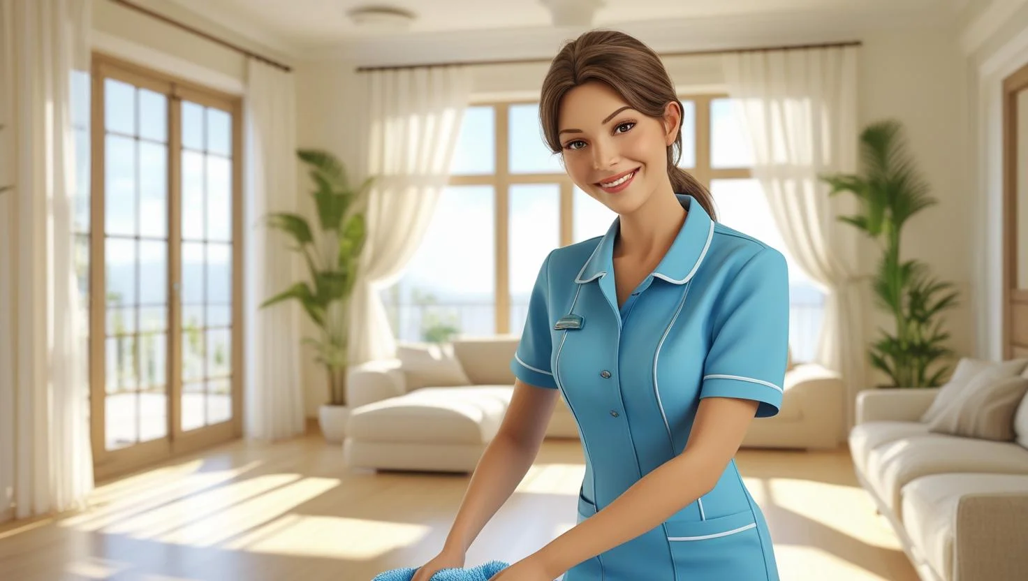 A professional housekeeper meticulously cleaning a surface in a modern care facility, highlighting attention to detail and hygiene.