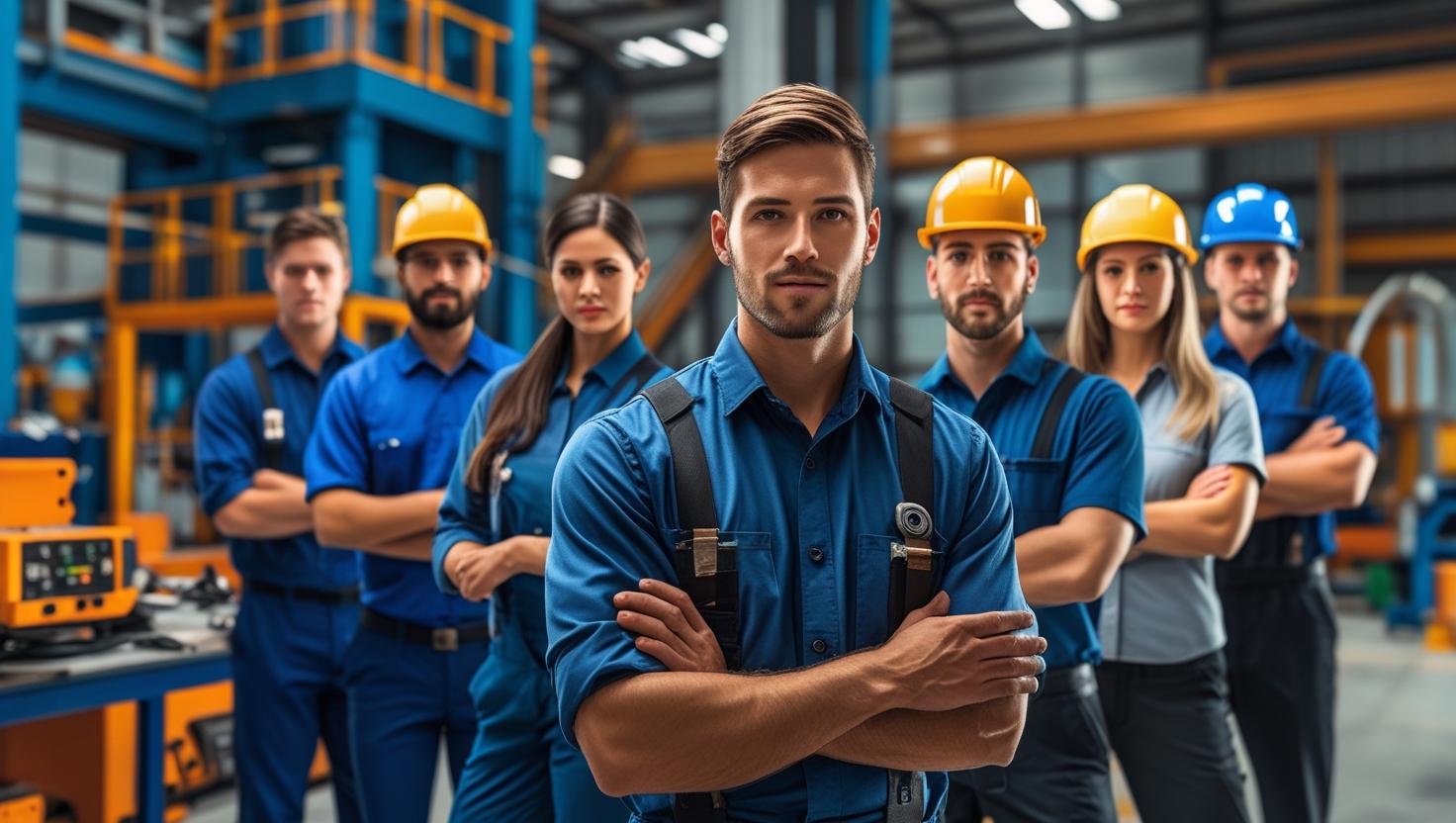 A diverse group of professionals smiling and collaborating in an open-plan office, representing a successful team.
