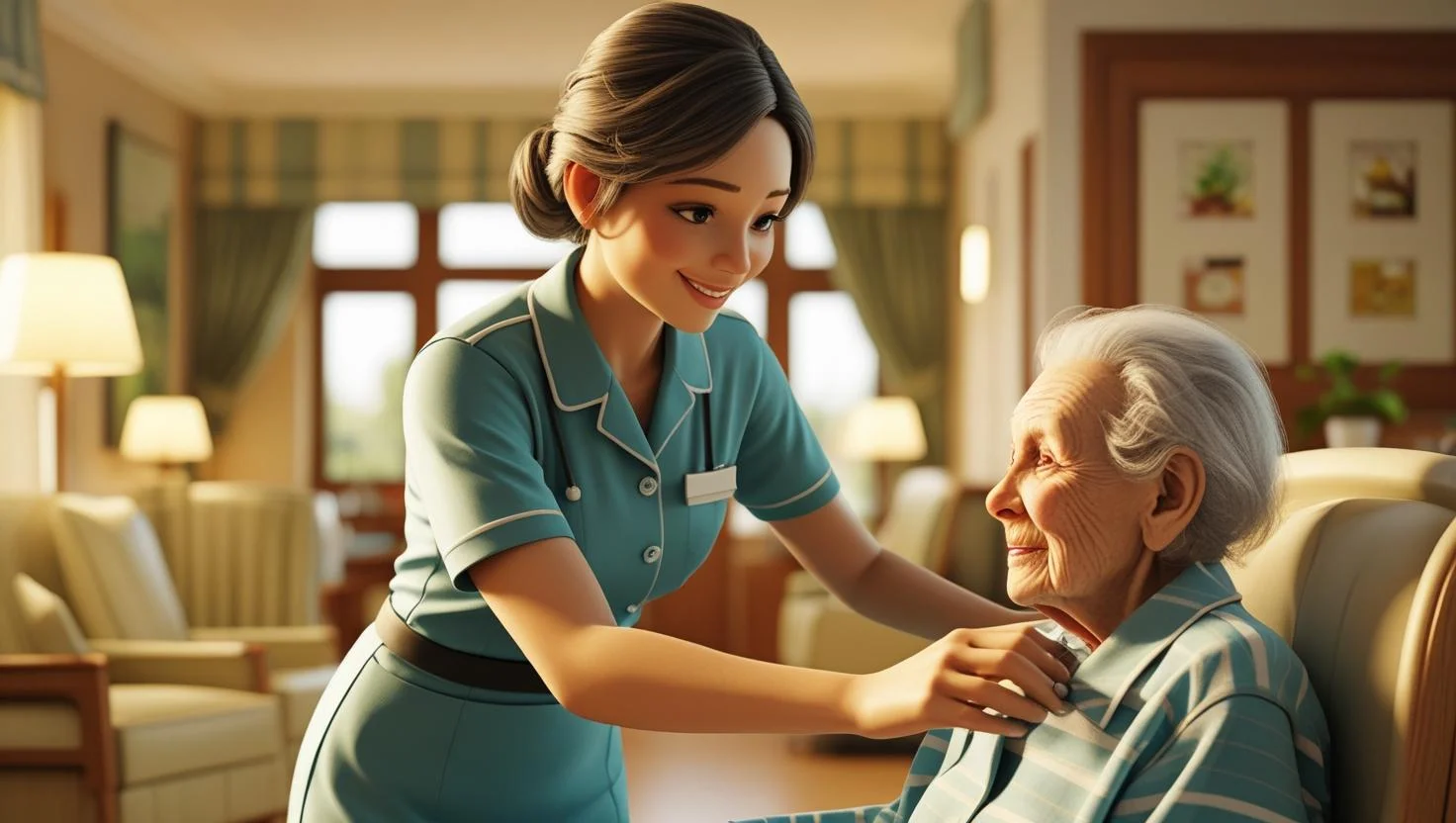 Detail-Oriented Cleaning in Care Homes A professional housekeeper cleaning a resident's room in a care home, focusing on details.