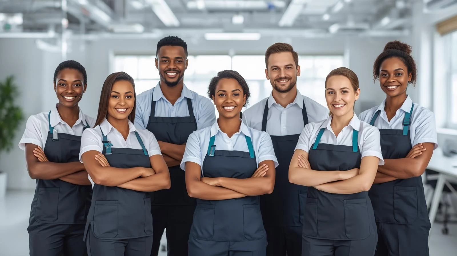Diverse team of commercial cleaning professionals ready for deployment.