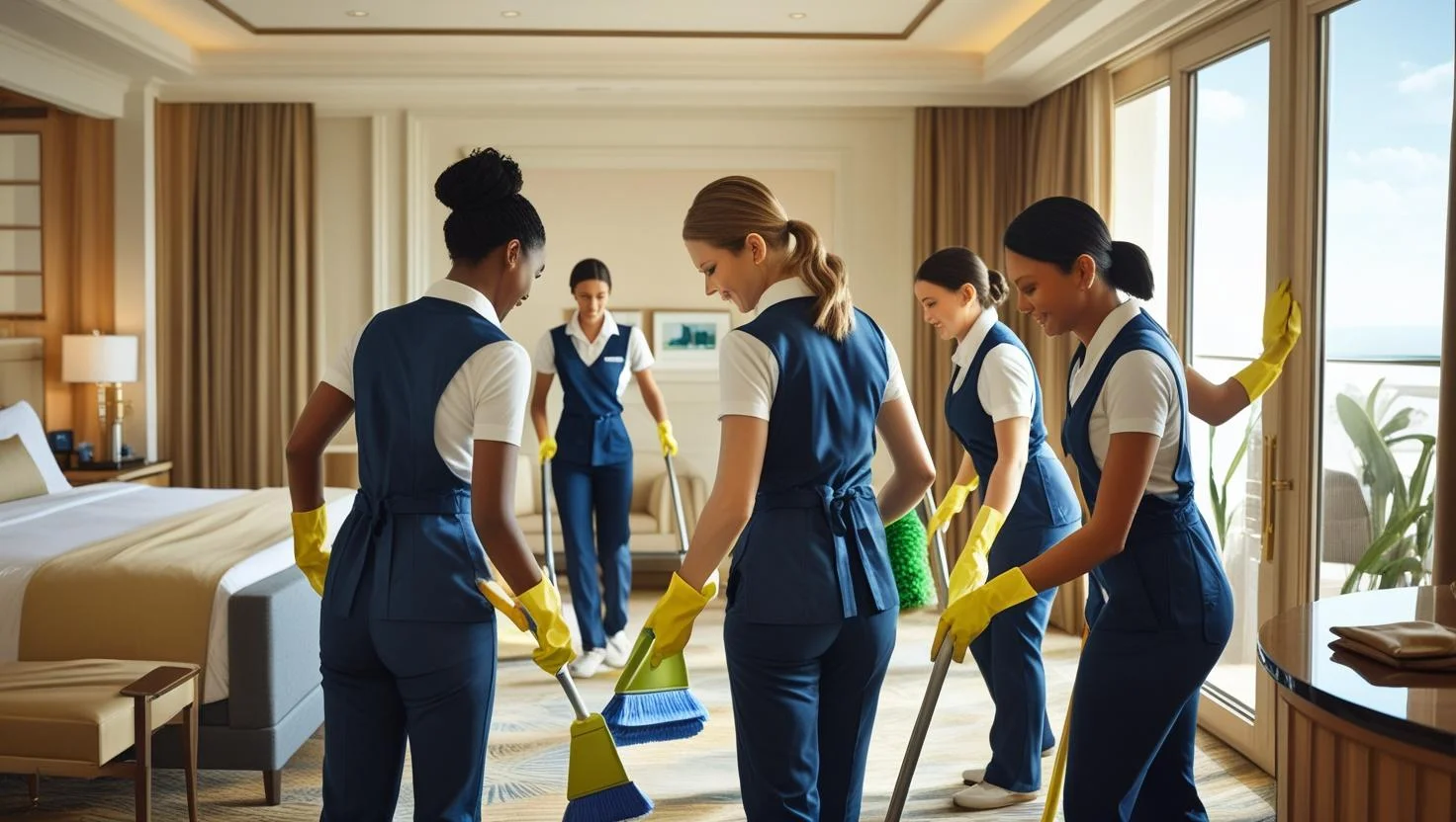 Housekeeping team preparing a hotel room for a new guest, highlighting efficiency and coordination