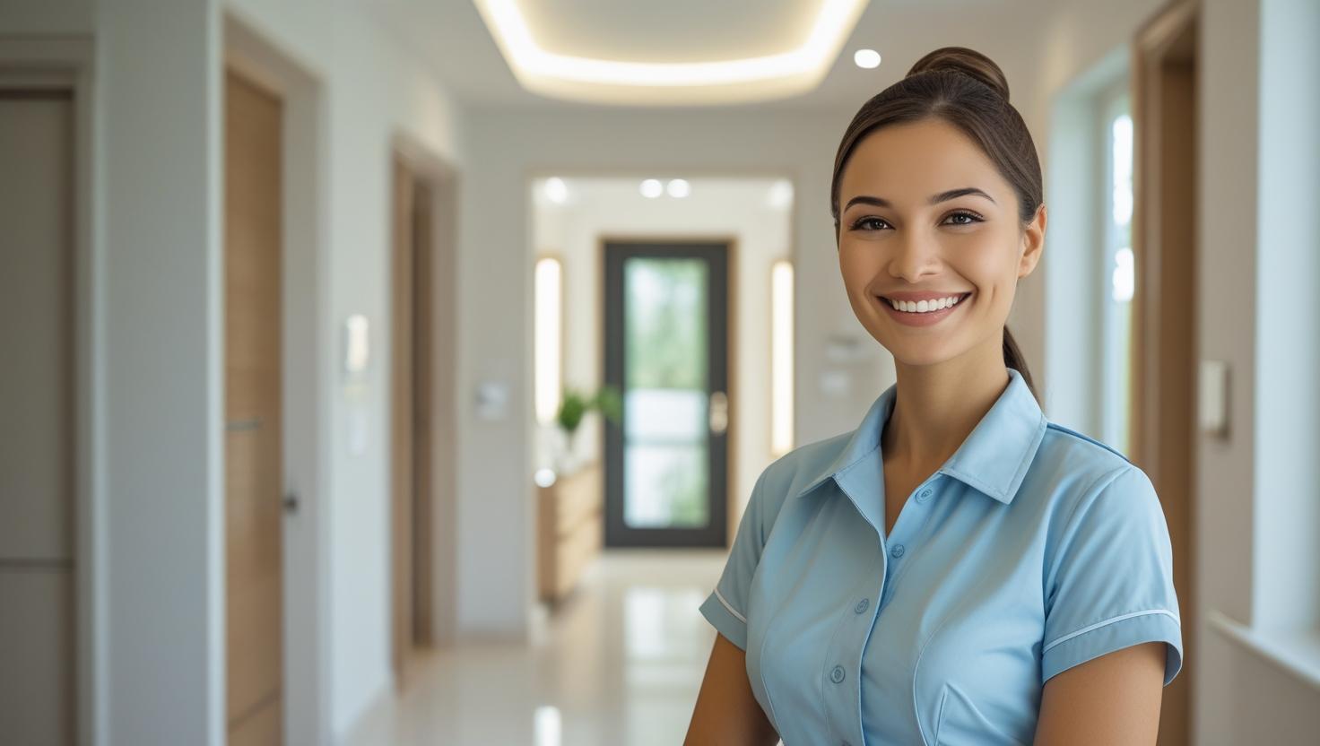 A smiling housekeeper in a uniform confidently performing cleaning duties, representing professionalism and efficiency.