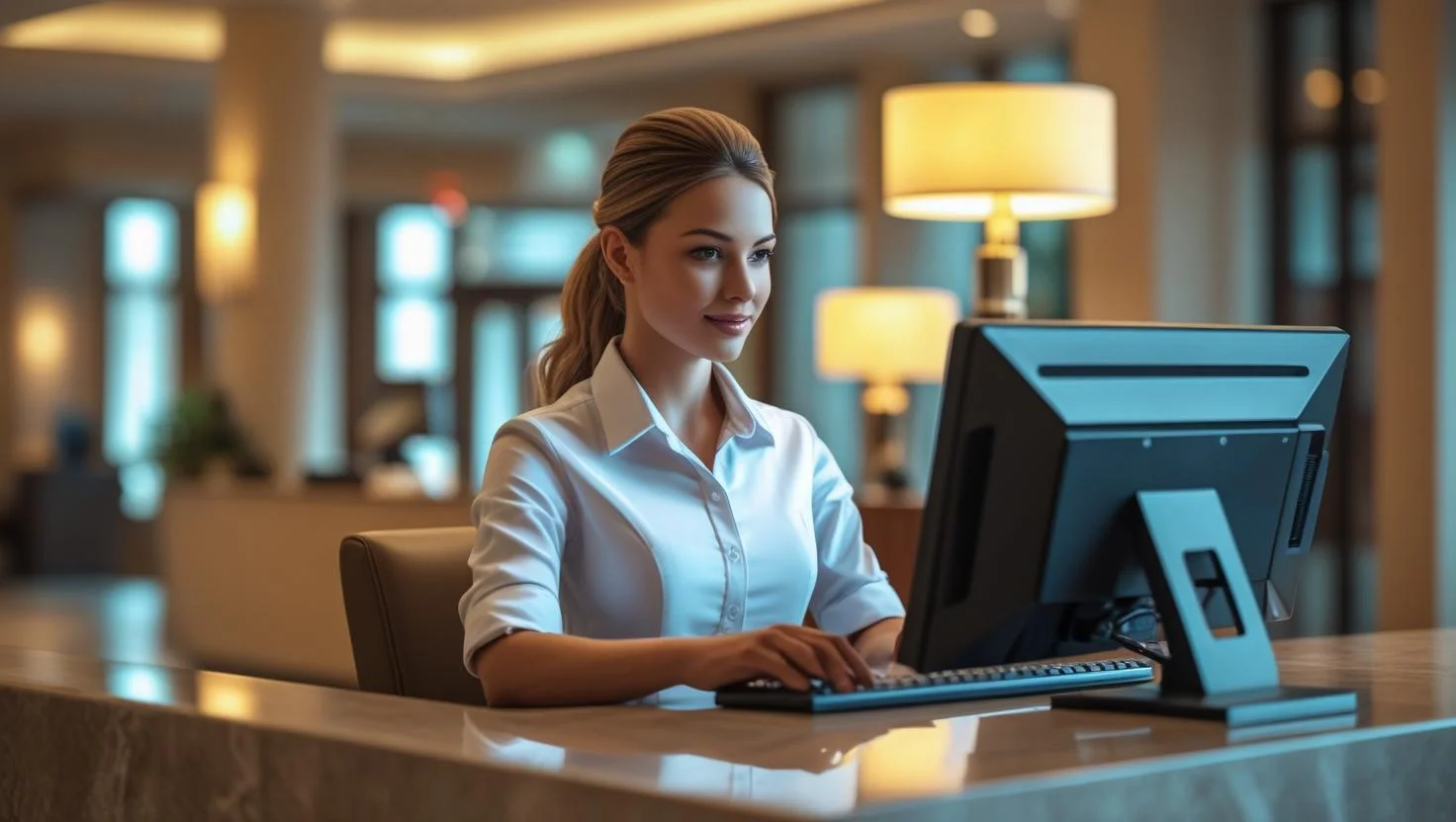 A male professional overnight receptionist attending to a guest at a hotel front desk at night, showing excellent customer service.