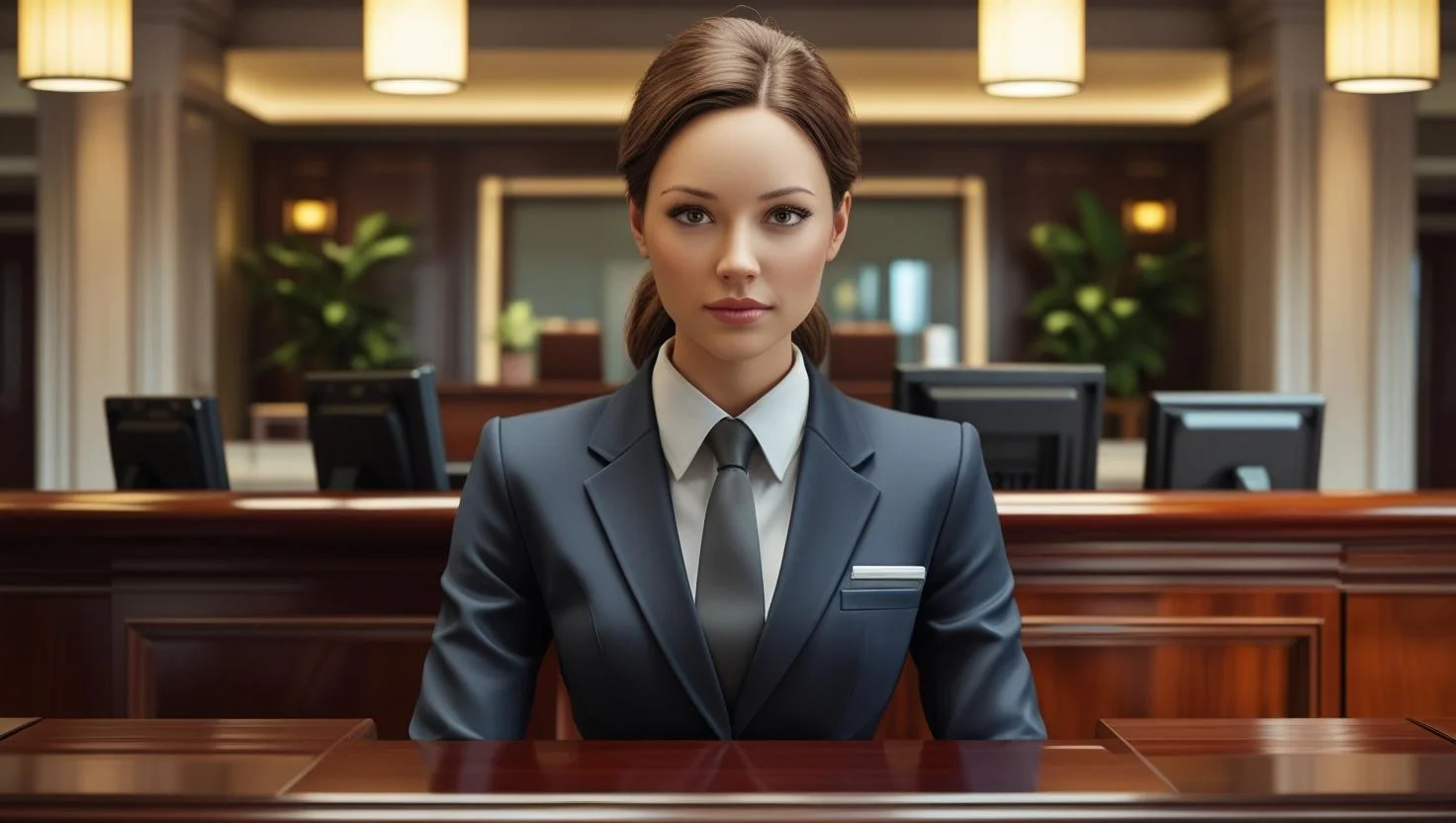 A professional receptionist engaging with a client at a hotel front desk, symbolizing quality service and client interaction.