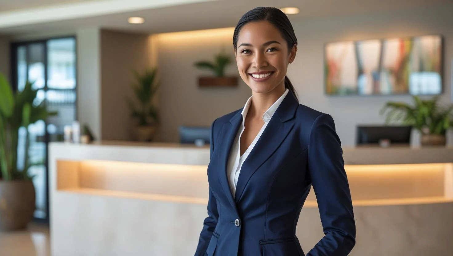 A professional female overnight receptionist working diligently at a modern front desk in a hotel lobby during the night. The lobby is well-lit and tidy.
