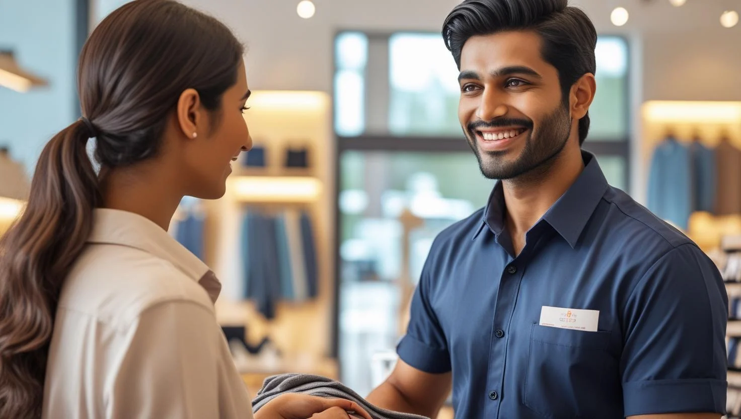 A smiling retail assistant helping a customer in a modern UK boutique