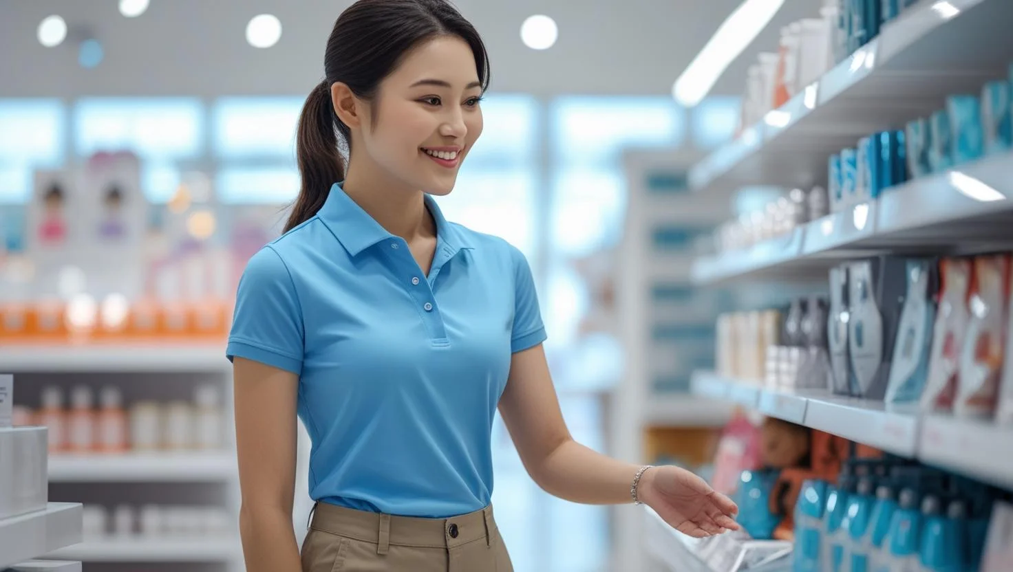 A retail associate using a tablet to manage inventory in a UK store, highlighting the blend of technology and customer service.