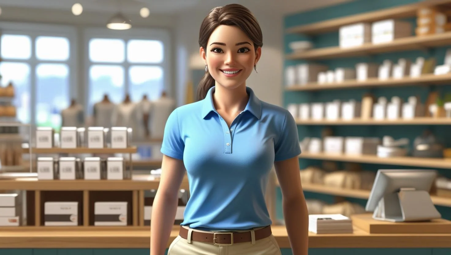 A professional retail assistant organizing merchandise in a high-end UK store
