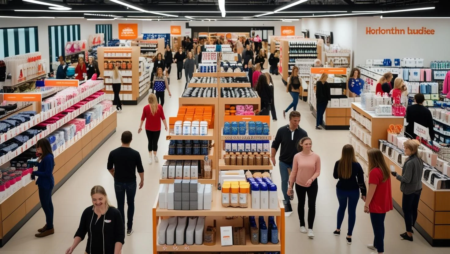 A diverse team of retail professionals collaborating in a UK store, showcasing teamwork.