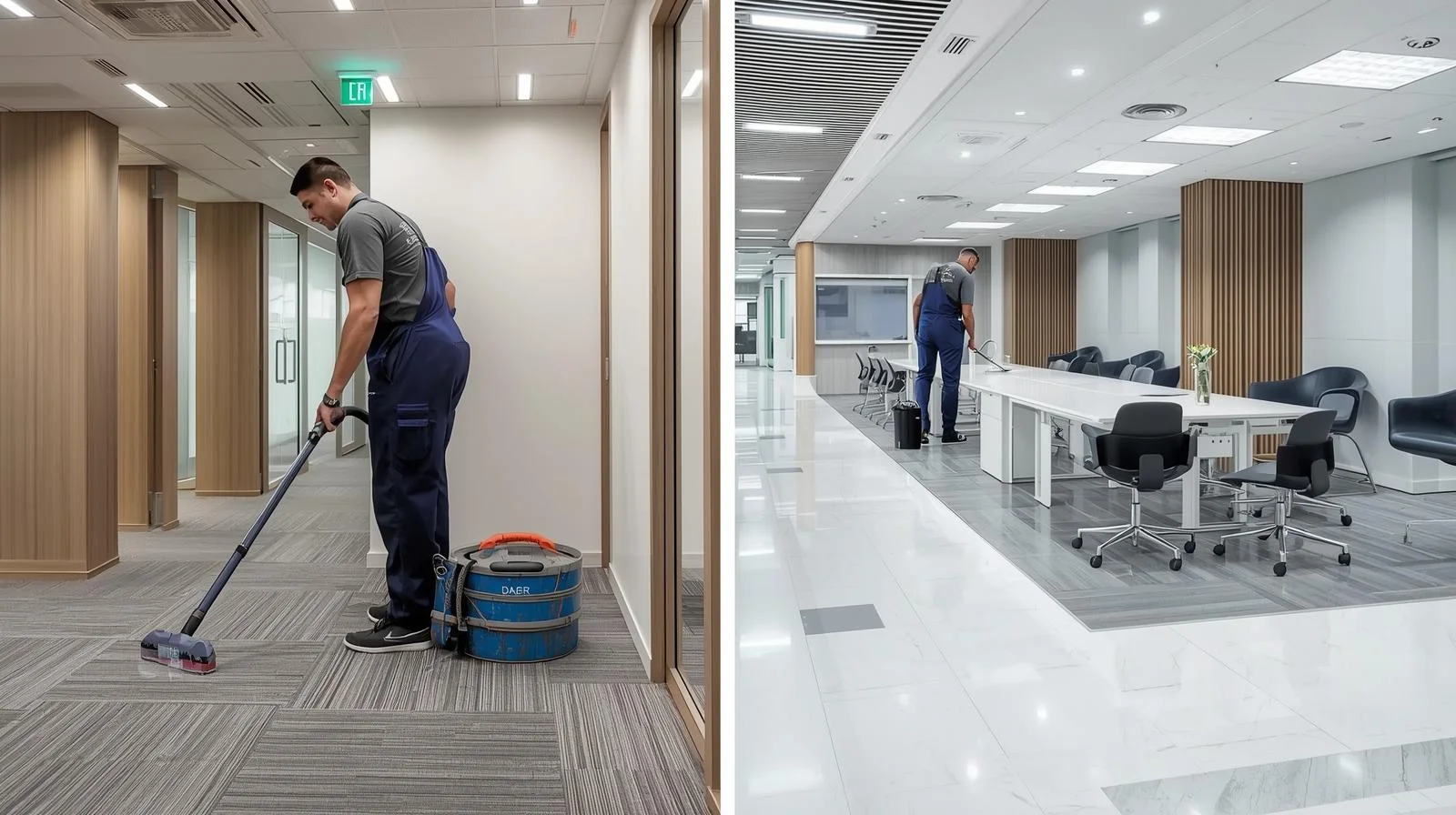 A temporary cleaning professional meticulously sanitizing surfaces in a corporate office building at night in London.