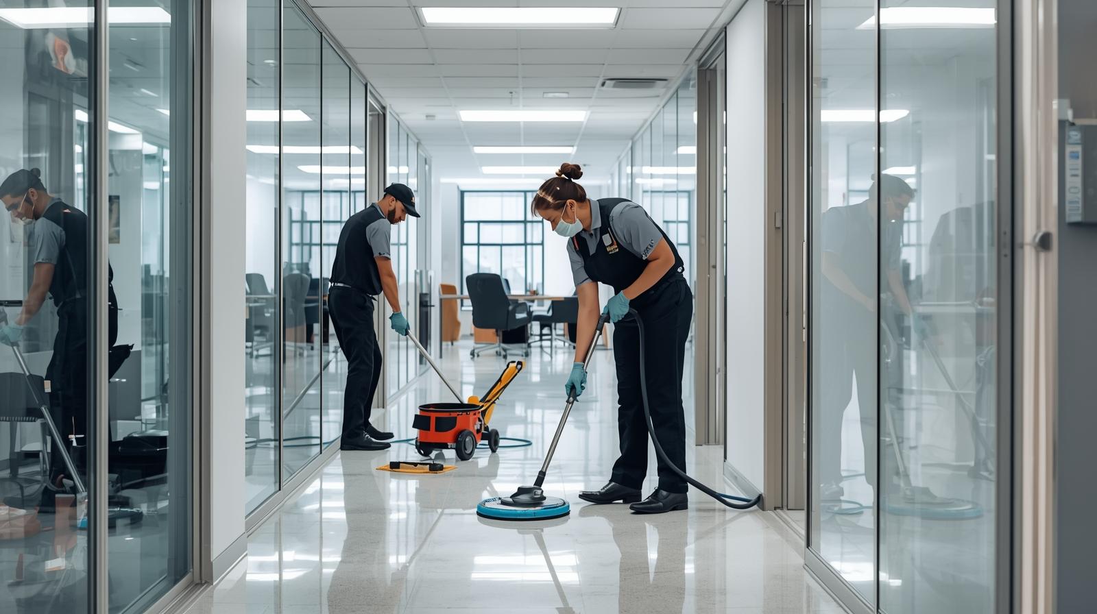 A team of temporary cleaners sanitizing a large, modern commercial space in London with professional equipment.