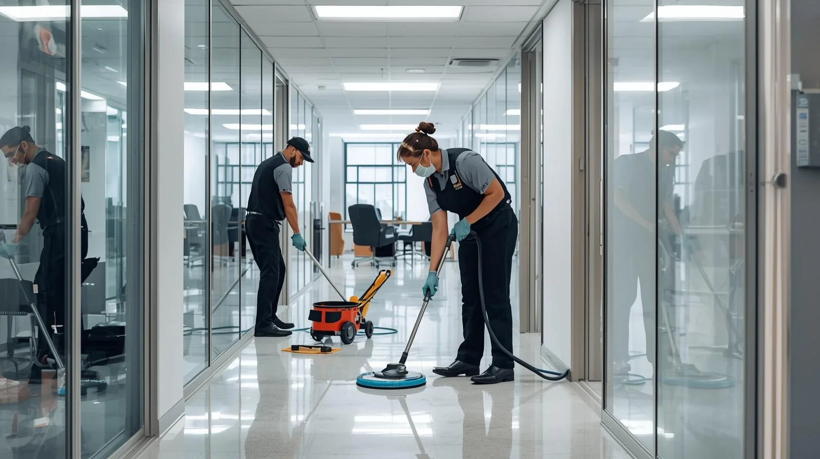 A team of temporary cleaners sanitizing a large, modern commercial space in London with professional equipment.
