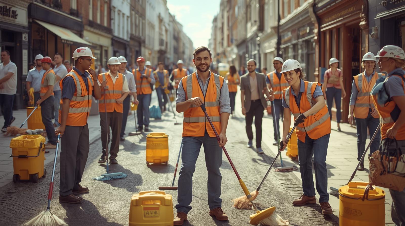Professional temporary cleaners working efficiently in a modern office environment in London