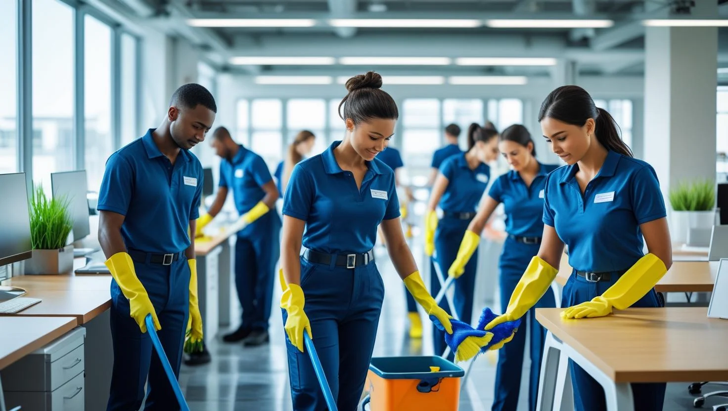 Two temporary cleaners collaborating on a cleaning task in a commercial building.