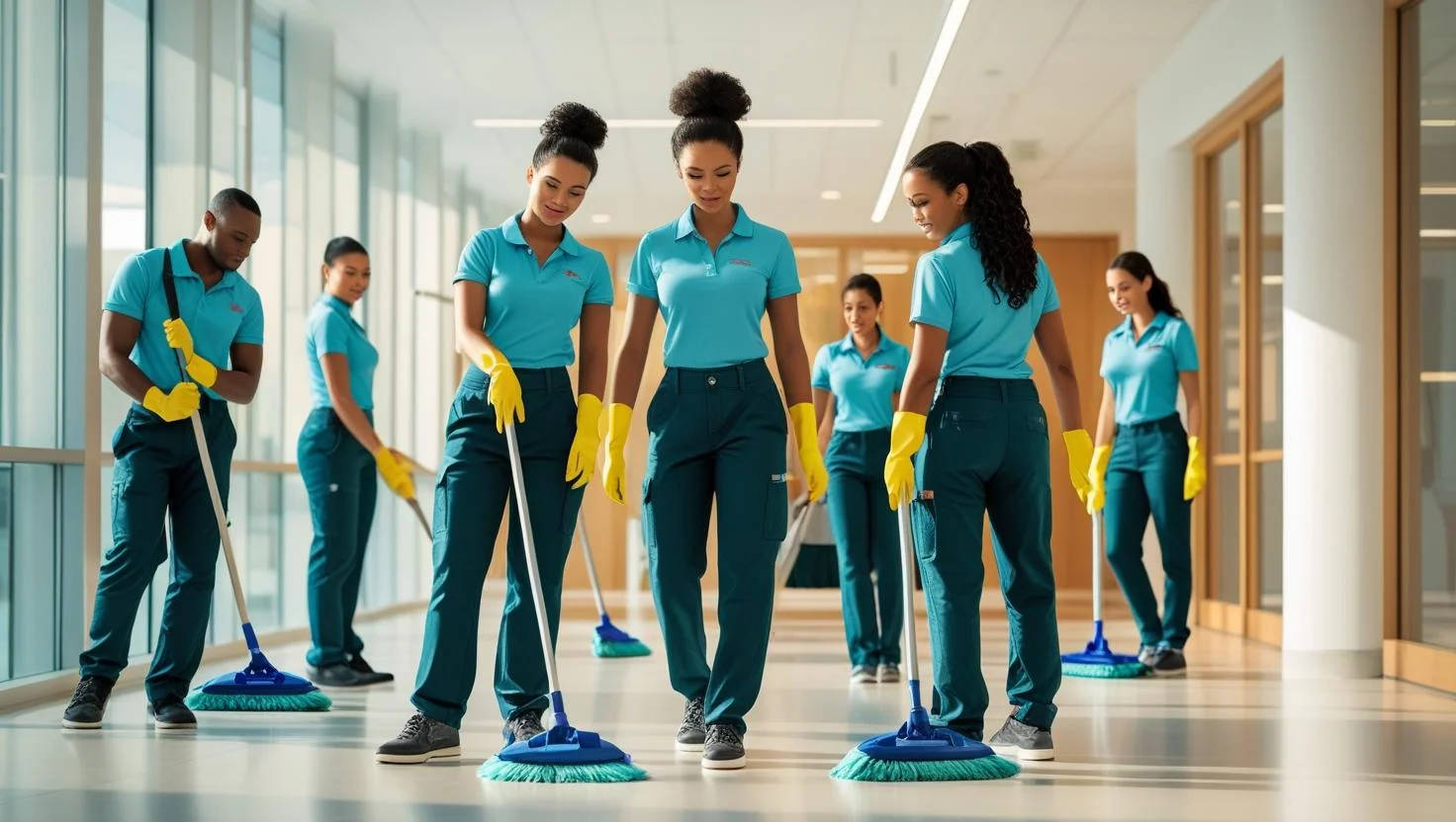 A temporary warehouse cleaner using a floor scrubbing machine in a large Reading facility.