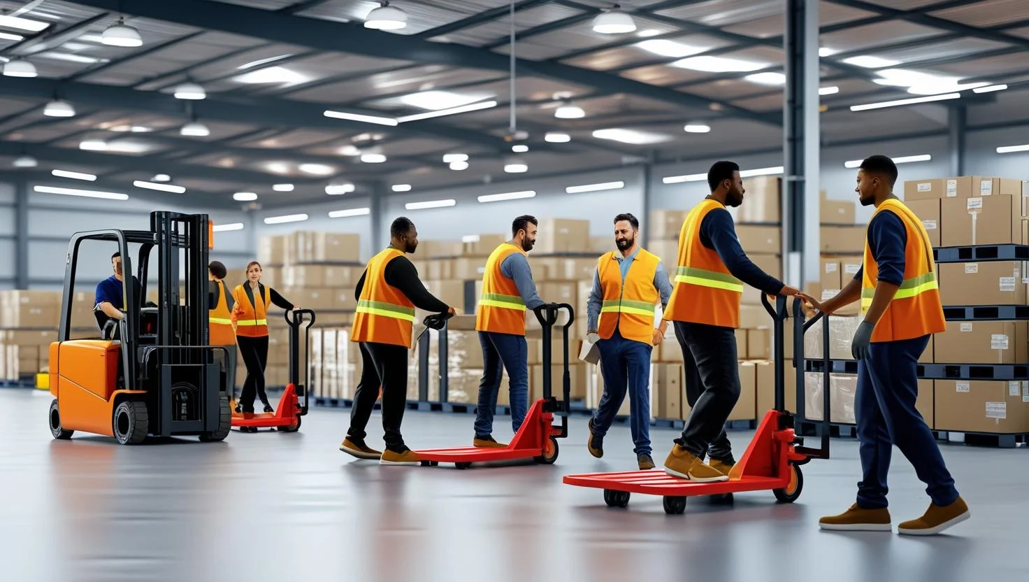 A happy and diverse group of warehouse workers giving a thumbs up