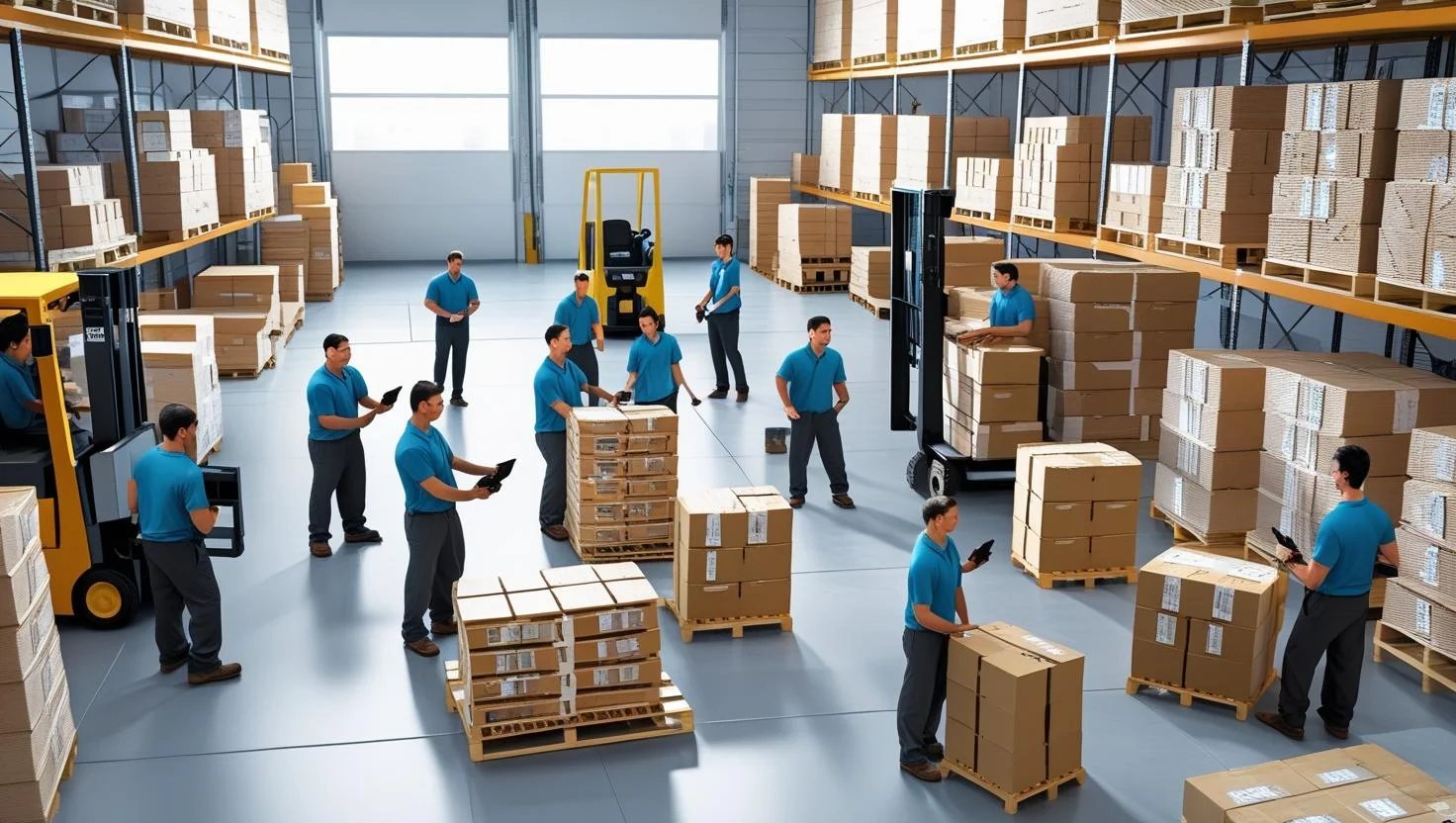 A warehouse manager overseeing operations in a busy London warehouse
