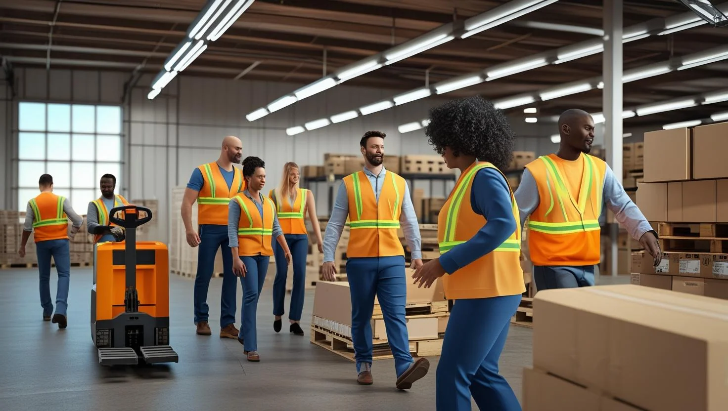 A diverse team of warehouse workers collaborating in a London-based warehouse