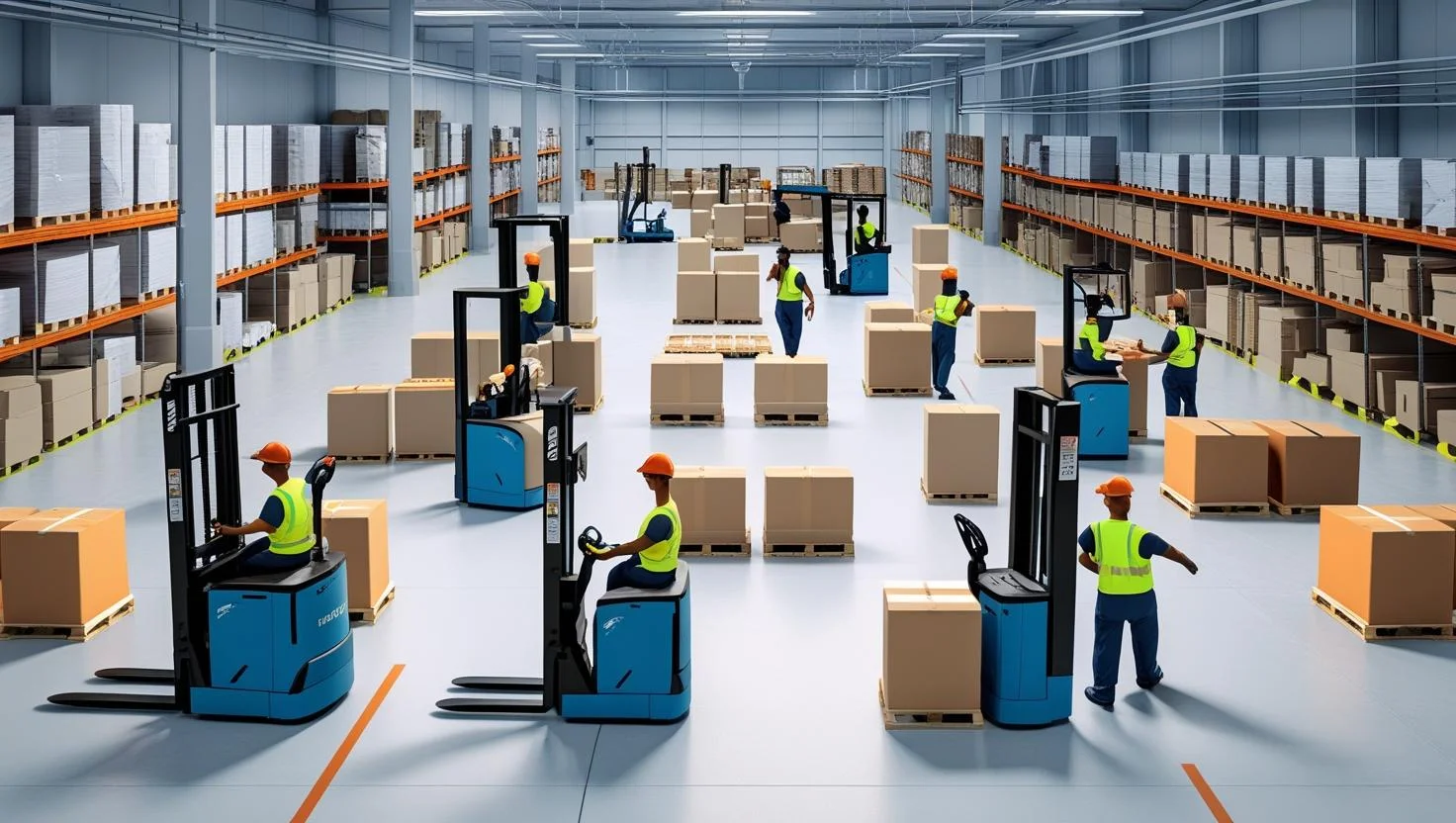Warehouse operatives working in a large, modern warehouse in London