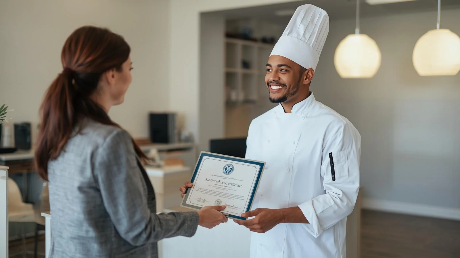 A male chef in a professional kitchen, smiling confidently while holding a freshly prepared plate of food, implying satisfaction and expertise.