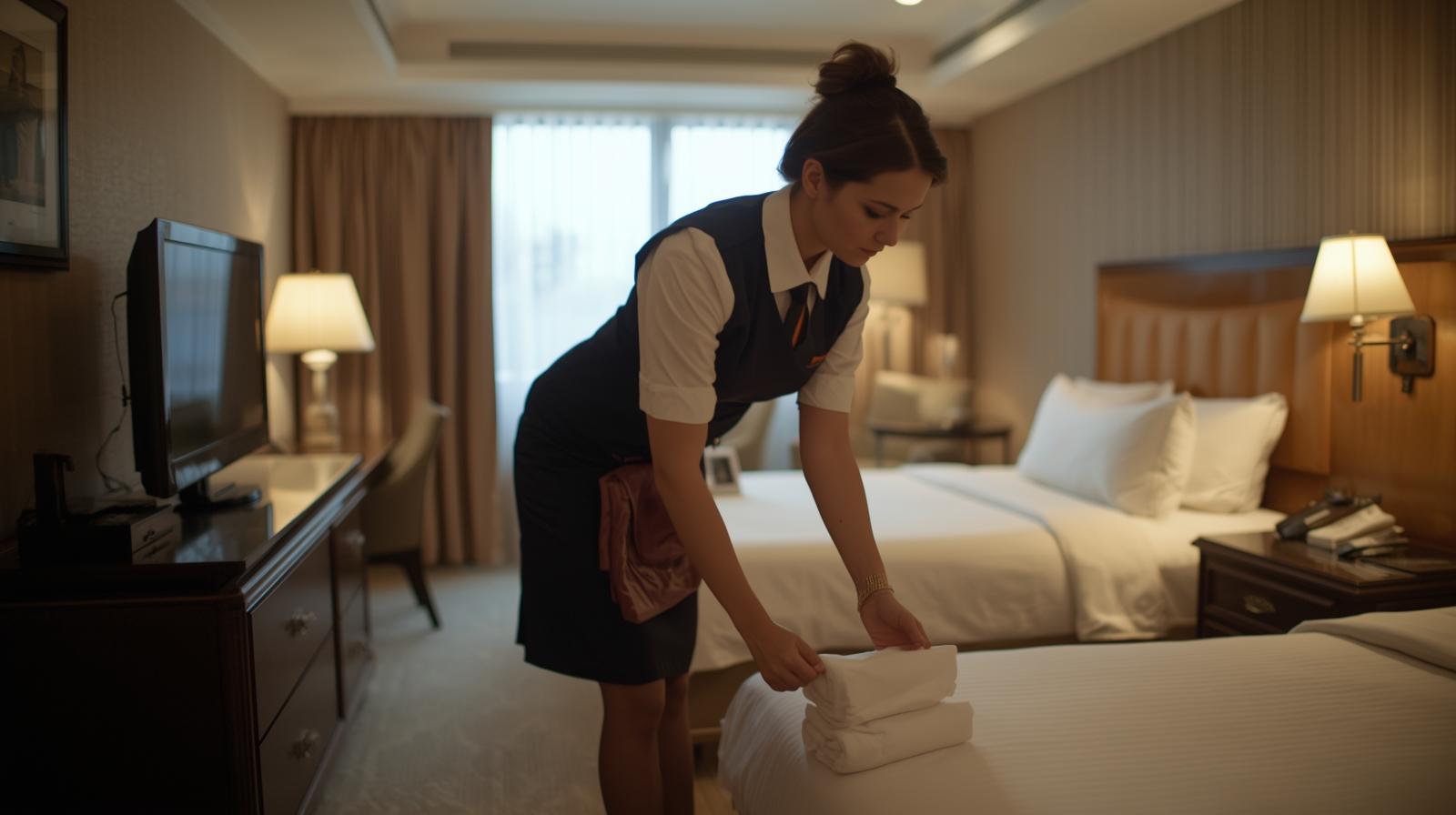A smiling room attendant pushing a fully stocked housekeeping cart down a hotel corridor.