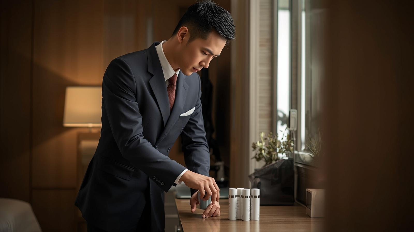 A room attendant manager inspecting a finished room with a tablet, ensuring it meets quality standards.