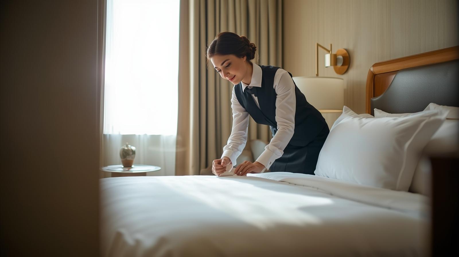 A professional hotel room attendant meticulously making a bed in a luxury hotel room in Bath.