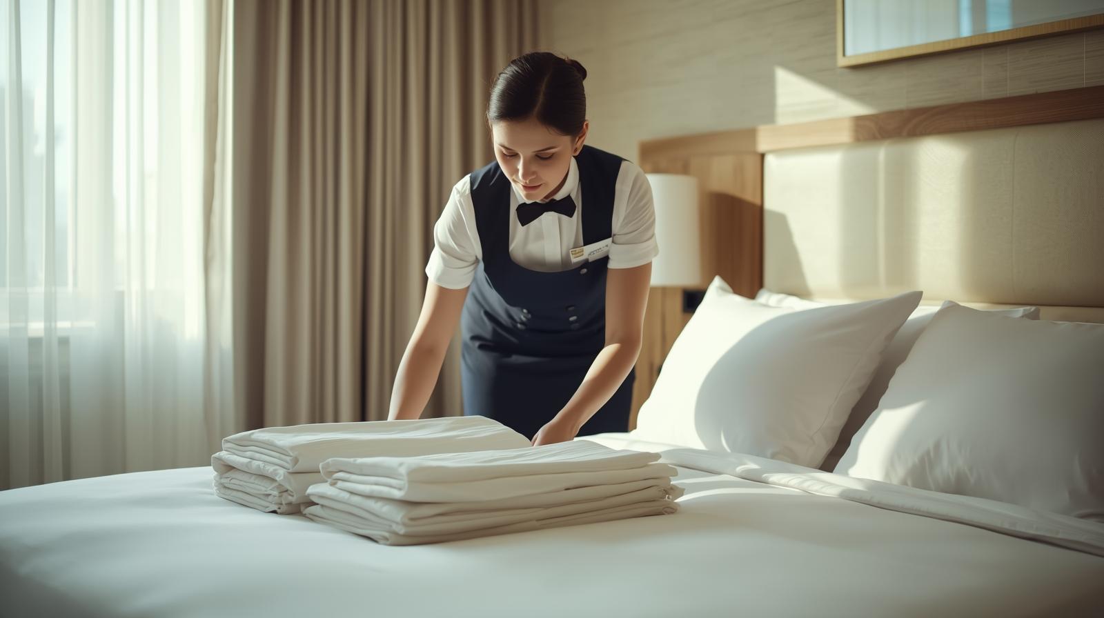 A detailed shot of a room attendant restocking coffee and tea supplies in a hotel room