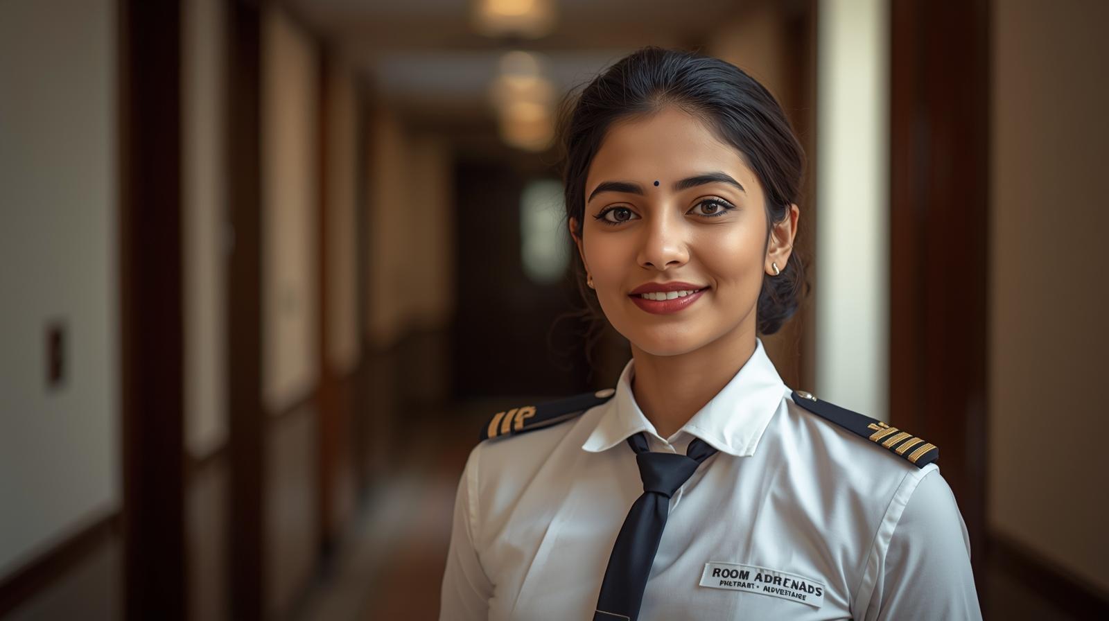 A room attendant vacuuming the plush carpet of a hotel suite