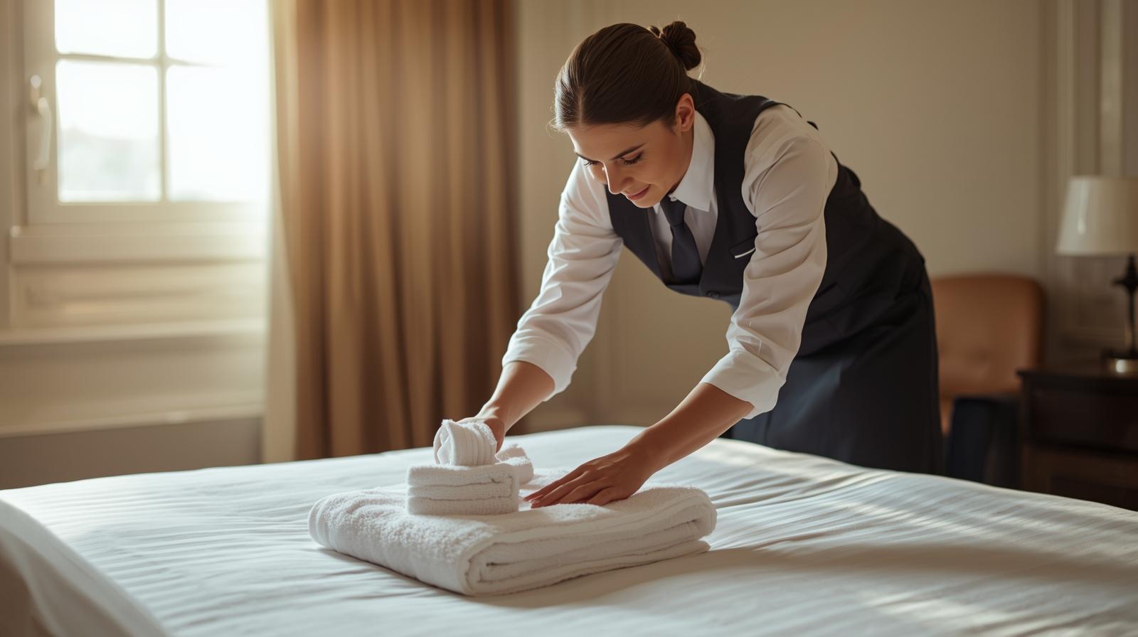 A smiling room attendant organizing a supply cart in a hotel hallway