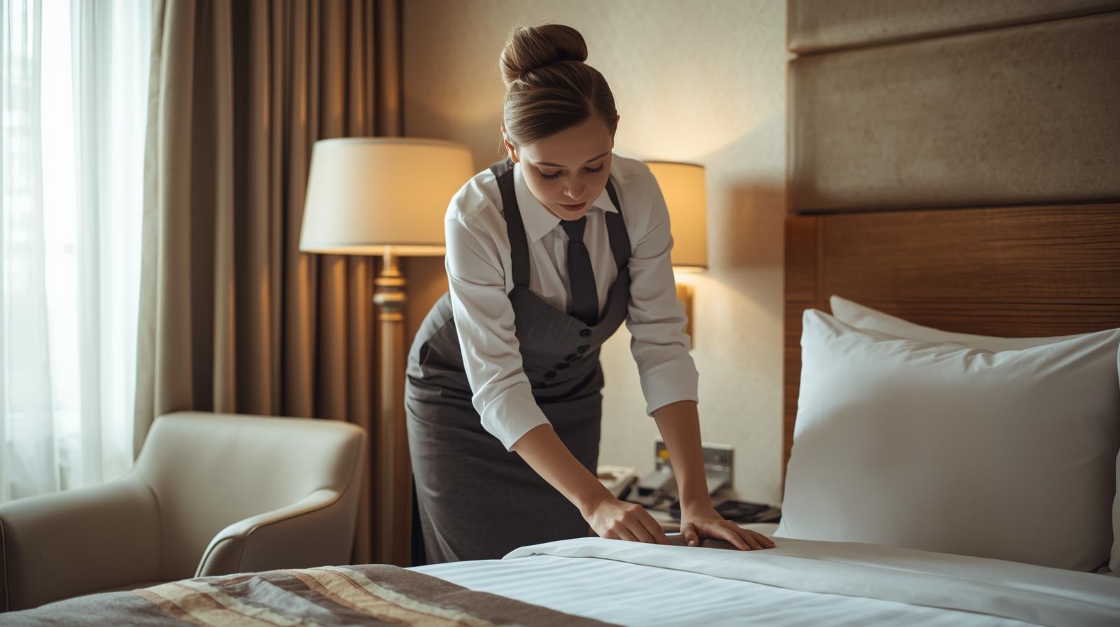 A professional room attendant making a bed in a luxury London hotel room