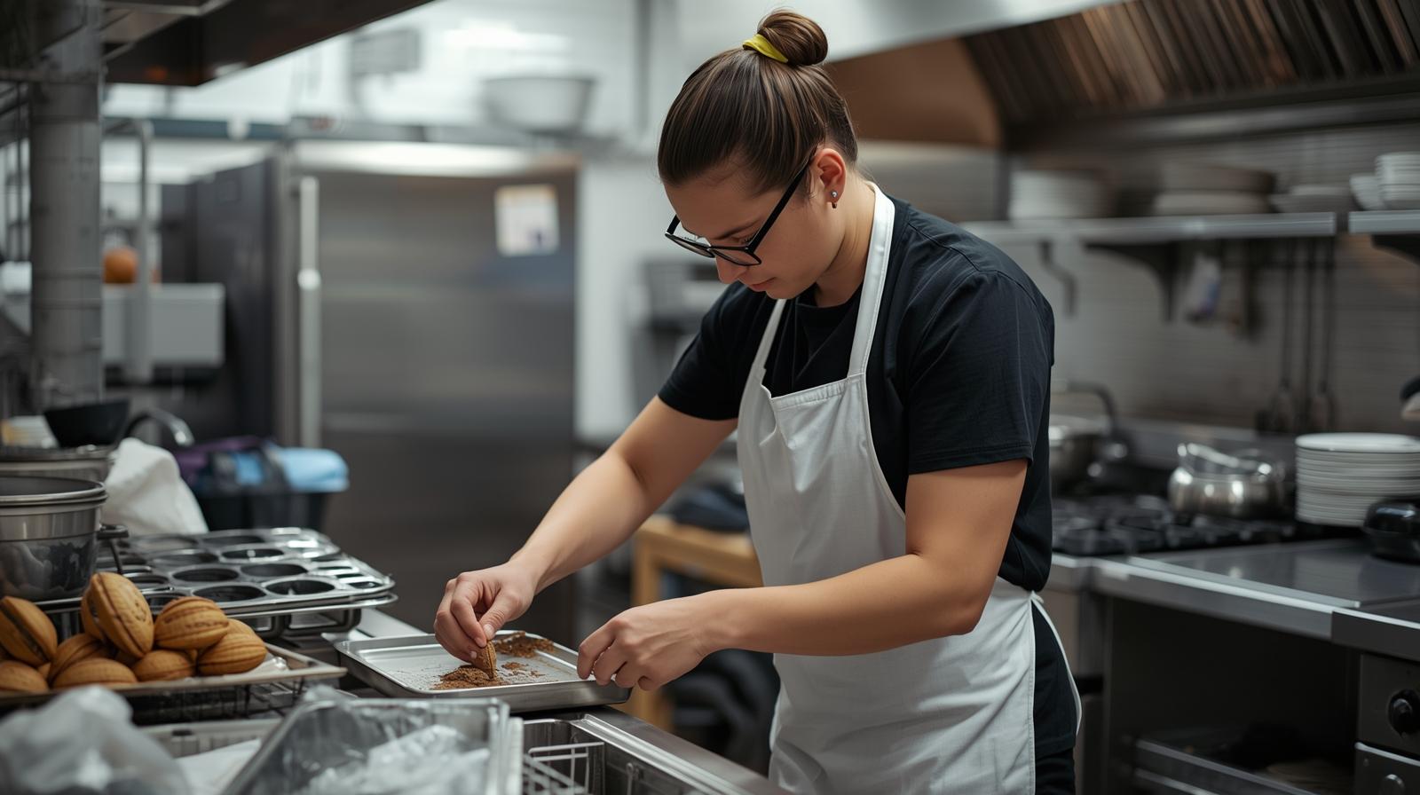 Experienced dishwasher operating commercial dishwashing equipment with proper safety protocols