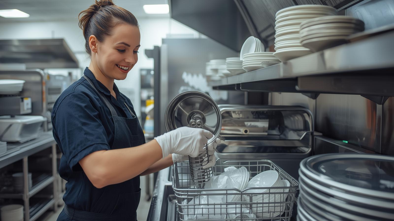 Professional dishwasher staff working efficiently in a modern Camden restaurant kitchen
