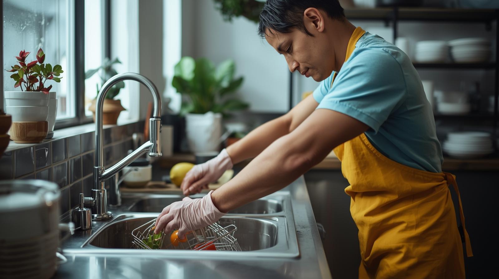 Team of professional dishwashers working efficiently in busy restaurant kitchen environment