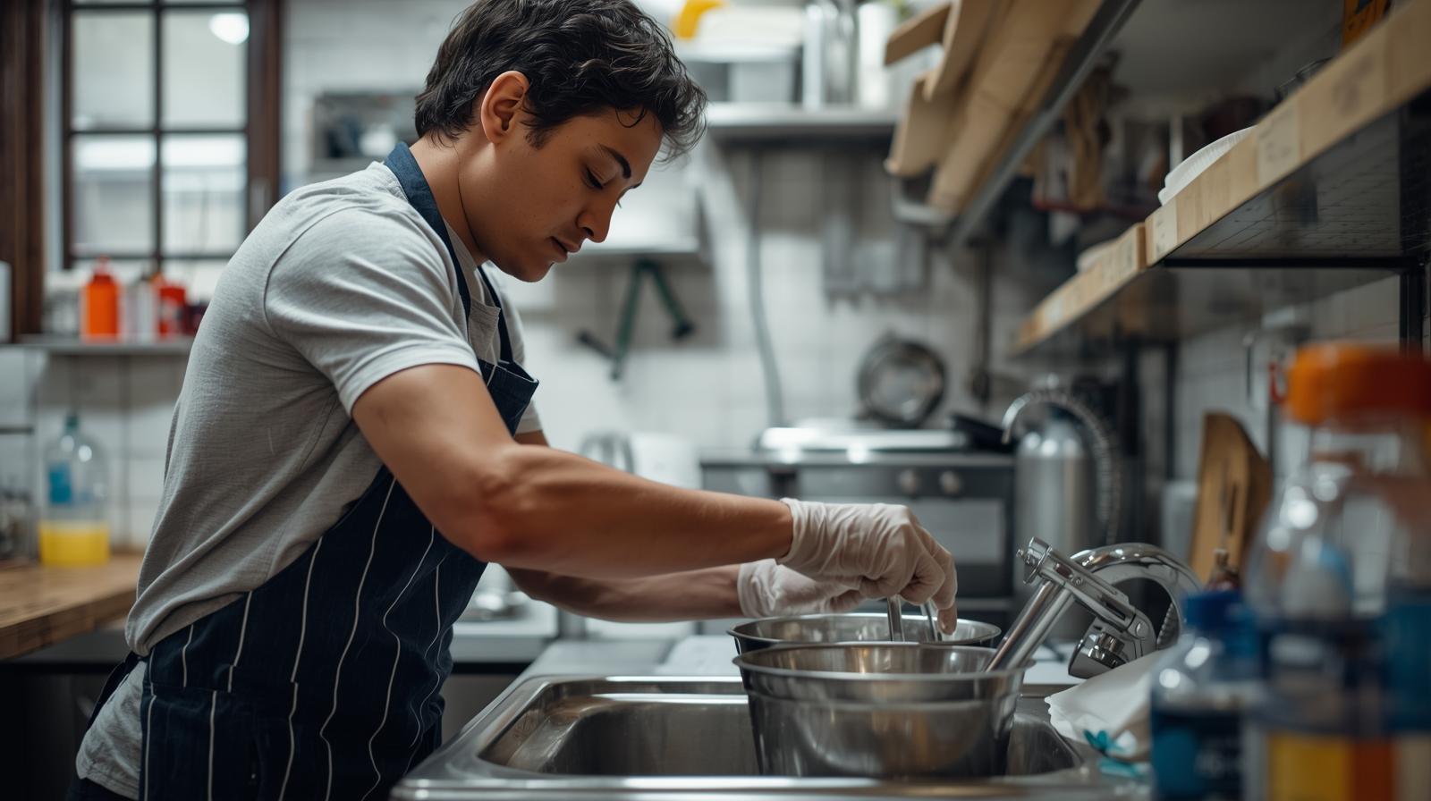 Modern dishwashing equipment and sanitization systems in upscale restaurant kitchen