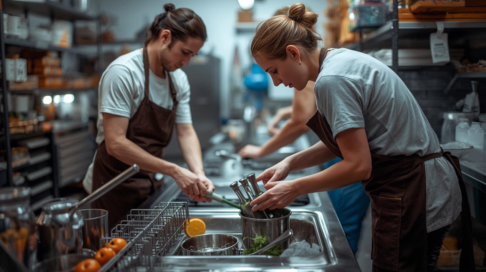 Professional dishwashing station in modern commercial kitchen showing industrial dishwasher and organized workspace